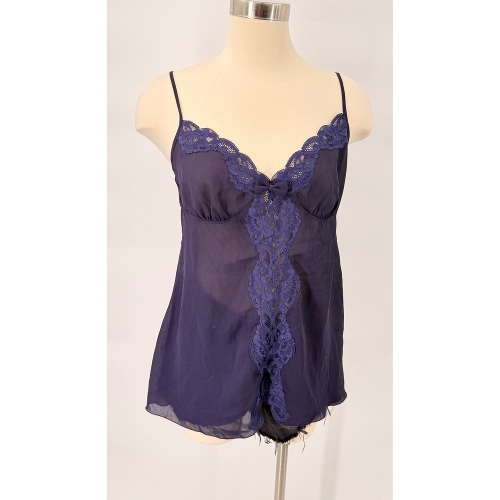 Victoria's Secret Babydoll Chemise Womens M Purple Lace Trim Bow Sheer Lingerie